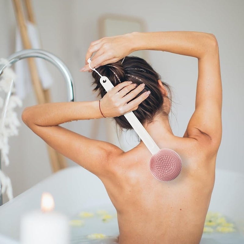 Long Handle Silicone Bath Brush Pink Back Scrubber Exfoliator For Body Cleansing - Image 3